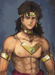 Rule 34 | 1boy, abs, armlet, black eyes, blue background, broly (dragon ball z), brown hair, chanta (ayatakaoisii), dragon ball, dragonball z, earrings, gorget, headband, highres, hoop earrings, jewelry, long hair, male focus, parted lips, topless male, solo, upper body