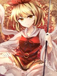 Rule 34 | 1girl, black hair, blonde hair, expressionless, highres, itsumizu, light particles, multicolored hair, polearm, sitting, solo, spear, toramaru shou, touhou, two-tone hair, weapon, wide sleeves, yellow eyes
