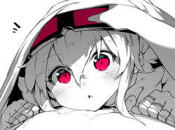 Rule 34 | 1boy, 1girl, absurdres, blanket, crossed bangs, goggles, goggles on head, greyscale, hair between eyes, hair intakes, head tilt, highres, looking at viewer, lying, lying on person, monochrome, niwamaru, niwarhythm, on person, open mouth, original, pov, red eyes, simple background, spot color, under covers, white background