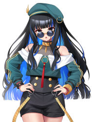 Rule 34 | 1girl, absurdres, bare shoulders, beret, black hair, blue hair, bracelet, colored inner hair, fate/grand order, fate (series), hands on own hips, hat, highres, hoshino reiji, jacket, jewelry, long hair, looking at viewer, looking over eyewear, multicolored hair, neck ring, open mouth, round eyewear, sunglasses, tenochtitlan (fate), tenochtitlan (second ascension) (fate)