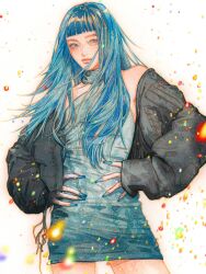 Rule 34 | 1girl, absurdres, black jacket, blue dress, blue hair, blue nails, blunt bangs, brown eyes, chinese commentary, dress, floating hair, halter dress, halterneck, hands on own hips, highres, jacket, juria (xg), light particles, looking at viewer, painting (medium), real life, sleeves past wrists, smile, solo, traditional media, watercolor (medium), white background, xg (group), yi ke sigh ti