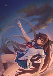 1girl absurdres ao_no_kanata_no_four_rhythm artistic_error backlighting black_hair black_ribbon black_socks blue_sailor_collar blue_skirt blue_sky blush breasts brown_hair commentary_request feet_out_of_frame frilled_skirt frills hair_between_eyes hair_ribbon highres impossible_clothes knee_up kneehighs large_breasts long_hair miniskirt neckerchief open_mouth outdoors pleated_skirt reaching red_eyes red_neckerchief red_ribbon ribbon sailor_collar school_uniform seiyagasa serafuku shirt short_sleeves skirt sky socks solo sparkle sunlight sunset tobisawa_misaki very_long_hair white_shirt