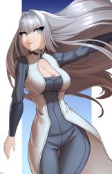 Rule 34 | 1girl, absurdres, blue eyes, breast tattoo, breasts, cleavage cutout, closed mouth, clothing cutout, ethel (xenoblade), grey hair, highres, large breasts, long hair, simple background, smile, solo, tattoo, upper body, very long hair, x xith x, xenoblade chronicles (series), xenoblade chronicles 3