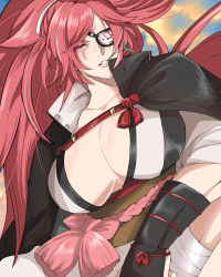Rule 34 | 1girl, amputee, arm guards, baiken, big hair, black jacket, breasts, cleavage, eyepatch, guilty gear, highres, in mouth, jacket, jacket on shoulders, japanese clothes, kataginu, kimono, large breasts, long hair, multicolored clothes, multicolored kimono, one-eyed, open clothes, open kimono, pink hair, ponytail, red eyes, samurai, sarashi, scar, scar across eye, scar on face, very long hair, wasadi