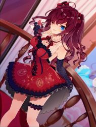 Rule 34 | 10s, 1girl, :3, ;p, ahoge, alcohol, black gloves, blue eyes, bow, breasts, brown hair, clothes lift, cross-laced clothes, cup, curly hair, dress, dress lift, drinking glass, dutch angle, earrings, elbow gloves, frilled dress, frills, gloves, hair over one eye, hair ribbon, highres, holding, holding cup, holding drinking glass, ichinose shiki, idolmaster, idolmaster cinderella girls, idolmaster cinderella girls starlight stage, jewelry, large breasts, long hair, looking at viewer, obybuss, one eye closed, railing, red dress, ribbon, short dress, sleeveless, sleeveless dress, solo, thigh strap, tongue, tongue out, two side up, wine, wine glass