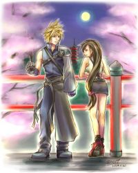 Rule 34 | 1990s (style), against fence, cherry blossoms, cloud strife, fence, final fantasy, final fantasy vii, from behind, moon, night, outdoors, sky, tifa lockhart
