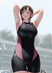 Rule 34 | 1girl, armpits, arms behind head, black one-piece swimsuit, blurry, blurry background, breasts, brown hair, commentary request, jonsun, looking to the side, mami (jonsun), medium breasts, mole, mole under eye, one-piece swimsuit, original, purple eyes, short hair, solo, swimsuit, thigh gap, thighs, twitter username, wet, wet hair