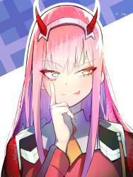 Rule 34 | 1girl, akanbe, darling in the franxx, eyelashes, eyelid pull, green eyes, hair between eyes, hairband, highres, horns, jacket, jun (12107973), long hair, long sleeves, looking to the side, nail polish, oni horns, pink hair, pink nails, red horns, red jacket, solo, tongue, tongue out, uniform, upper body, white hairband, zero two (darling in the franxx)