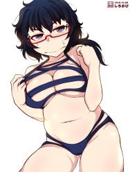 Rule 34 | 10s, 1girl, absurdres, bikini, black hair, blue eyes, blush, breasts, female focus, girls und panzer, glasses, gluteal fold, groin, highres, large breasts, looking at viewer, navel, one-hour drawing challenge, oryou (girls und panzer), plump, shiroobi (whitebeltmaster), simple background, solo, sweat, swimsuit, white background