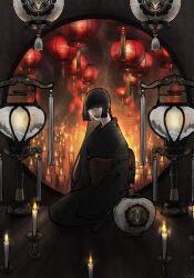 Rule 34 | 1girl, absurdres, black hair, black kimono, blunt bangs, candle, candlelight, candlestand, closed eyes, facing viewer, fire, floating, floating object, hanging lantern, highres, hime cut, indoors, japanese clothes, kimono, lantern, lipstick, long hair, makeup, moon gate, night, obi, obon, on floor, original, paper lantern, parted lips, sash, seiza, sidelocks, sitting, sky lantern, smile, solo, straight hair, tassel, tian-you99, very long hair, wooden floor