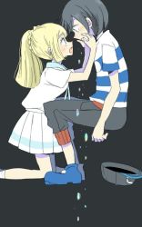 Rule 34 | 1boy, 1girl, black hair, blonde hair, blush, couple, creatures (company), crying, elio (pokemon), eye contact, game freak, hat, hood, hoodie, lillie (pokemon), looking at another, nintendo, pokemon, pokemon sm, ponytail, shirt, shoes, sitting, striped clothes, striped shirt, tears, wiping tears