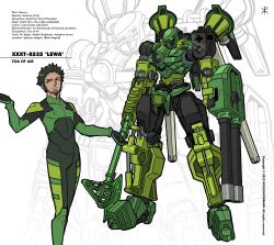 Rule 34 | 1boy, absurdres, apoloniodraws, arm cannon, axe, bionicle, black gloves, black hair, bodysuit, character name, facial hair, full body, gloves, glowing, glowing eye, green bodysuit, green eyes, green gloves, hair behind ear, highres, lewa (bionicle), male focus, mecha, mechanization, open hands, pilot suit, robot, science fiction, simple background, smirk, standing, stubble, the lego group, two-tone gloves, weapon, white background