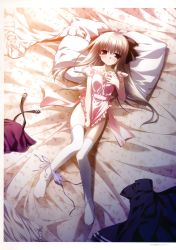 Rule 34 | 1girl, absurdres, apron, bed, bed sheet, blush, chikotam, collarbone, covering crotch, covering privates, eden they were only two on the planet, hand on own chest, highres, indoors, legs, looking at viewer, lying, minori (company), naked apron, no shoes, on back, on bed, panties, panties around leg, panty pull, pillow, purple panties, red eyes, school uniform, side-tie panties, sion (eden), tareme, thighhighs, underwear, untied, unworn shirt, white hair, white thighhighs