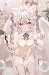 Rule 34 | 1girl, animal ear fluff, animal ears, bare arms, bare shoulders, bathtub, bell, between legs, blush, bow, breasts, brown eyes, bubble, cleavage, commentary request, fang, frilled panties, frills, grey bow, grey hair, hair bow, hair ornament, hairclip, hand between legs, highres, holding, hoshi (snacherubi), indoors, jingle bell, long hair, looking at viewer, medium breasts, navel, neck bell, no shoes, open mouth, original, panties, shower head, sidelocks, solo, tail, thighhighs, twintails, underwear, very long hair, white panties, white thighhighs, x hair ornament