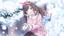Rule 34 | 1girl, :d, black pantyhose, blush, bow, bow hairband, breasts, breath, brown hair, bush, coat, day, feet out of frame, footprints, fur-trimmed coat, fur trim, game cg, gloves, grey gloves, hair bow, hairband, holding, idolmaster, idolmaster shiny colors, large breasts, long hair, looking at viewer, official art, open mouth, outdoors, pantyhose, pink bow, pink coat, pink eyes, plaid, plaid skirt, planted, planted shovel, pleated skirt, pom pom (clothes), ribbed sweater, shovel, skirt, smile, snow, snow rabbit, snowing, snowman, sparkle, squatting, sweater, tsukioka kogane, turtleneck, turtleneck sweater, white sweater