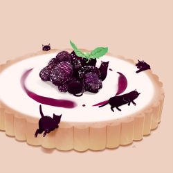 Rule 34 | animal, animal focus, black cat, cat, chai (drawingchisanne), commentary, dessert, food, food focus, food request, fruit, jumping, lying, mint, on side, original, pastry, pink background, raspberry, shadow, signature, simple background