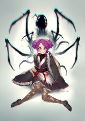 Rule 34 | 1girl, antennae, apron, arthropod girl, arthropod limbs, black footwear, black kimono, blush, brown thighhighs, bug, closed mouth, commentary, double bun, english commentary, entoma vasilissa zeta, extra pupils, fangs, full body, hair bun, hand up, highres, japanese clothes, kimono, liche (wiggly liche), looking at viewer, maid, maid headdress, mary janes, monster girl, ofuda, ofuda on clothes, overlord (maruyama), patreon username, purple hair, red eyes, ribbon-trimmed sleeves, ribbon trim, shoes, short hair, simple background, sitting, skin fangs, sleeves past wrists, smile, solo, spider, thighhighs, wariza, white apron, white background, wide sleeves