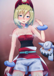 Rule 34 | absurdres, arm at side, bangle, bare shoulders, blonde hair, blue eyes, blush, bracelet, breasts, cleavage, creatures (company), fanning, fanning face, game freak, gen 4 pokemon, gradient background, hair between eyes, hairband, heatran, highres, hot, irida (pokemon), jewelry, latte, legendary pokemon, neck ring, nintendo, open mouth, pokemon, pokemon (creature), pokemon legends: arceus, red hairband, red shirt, sash, shiny skin, shirt, short shorts, shorts, simple background, small breasts, steam, steaming body, strapless, strapless shirt, sweat, thumbs up, waist cape, white shirt