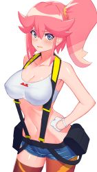 Rule 34 | 1girl, aina ardebit, armpits, asymmetrical legwear, bare shoulders, blue eyes, blush, breasts, cleavage, cowboy shot, frown, hand on own hip, highres, large breasts, mismatched legwear, navel, pink hair, promare, shirt, short shorts, shorts, side ponytail, sleeveless, solo, stomach, suspenders, takamine nadare, tank top, taut clothes, taut shirt, thighhighs, white background