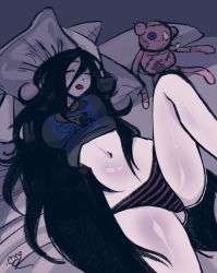 Rule 34 | 1girl, adventure time, arms up, bed sheet, black hair, blush, breasts, closed eyes, commentary, english commentary, grey shirt, hair between eyes, highres, indoors, leg up, long bangs, long hair, lying, marceline abadeer, medium breasts, megrocks, navel, on back, open mouth, panties, pillow, shirt, short sleeves, signature, sleeping, solo, stomach, striped clothes, striped panties, stuffed toy, t-shirt, underwear, very long hair