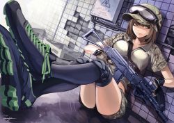 Rule 34 | 1girl, ak-102, assault rifle, black thighhighs, breasts, brown eyes, brown hair, camouflage, camouflage pants, dog tags, gloves, goggles, goggles on head, gun, hat, kalashnikov rifle, knee pads, koh (minagi kou), laser sight, looking at viewer, midriff, military hat, military operator, original, pants, rifle, shoes, short hair, shorts, solo, thighhighs, watch, weapon, wristwatch