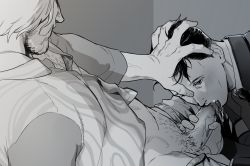 Rule 34 | 2boys, age difference, connor (detroit), detroit: become human, drooling, erection, fellatio, greyscale, hand on head, hank anderson, licking, male focus, monochrome, multiple boys, oral, penis, saliva, tongue, yaoi