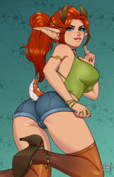 Rule 34 | 1girl, animal ears, antlers, artist name, ass, bare shoulders, bracelet, breasts, brown thighhighs, cameltoe, deer antlers, deer ears, denim, denim shorts, dota (series), earrings, enchantress (dota), from behind, from side, green background, green shirt, high heels, highres, horns, jewelry, kneeling, large breasts, long hair, pointy ears, red hair, ring, shiny skin, shirt, shorts, skindentation, smile, solo, thighhighs, xinaelle