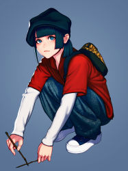 Rule 34 | 1girl, absurdres, animal print, asymmetrical hair, backpack, bag, blue background, blue eyes, blunt bangs, full body, gradient background, green hair, highres, holding, jugon, jungon kim, leopard print, long sleeves, looking at viewer, original, red shirt, shirt, shoes, short hair, sneakers, solo, squatting, stick, undershirt, white shirt