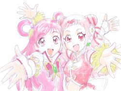 Rule 34 | 2girls, breasts, character request, cure dream, cure yell, highres, hugtto! precure, long hair, looking at viewer, magical girl, multiple girls, nono hana, open mouth, precure, simple background, smile, standing, ueyama michirou, white background, yes! precure 5, yumehara nozomi