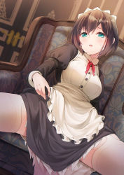 Rule 34 | 1girl, apron, black dress, blush, breasts, brown hair, commentary request, dress, frilled apron, frilled dress, frills, gakaku pr, garter straps, green eyes, hair between eyes, indoors, juliet sleeves, long sleeves, looking at viewer, medium breasts, neck ribbon, original, parted lips, puffy sleeves, red ribbon, ribbon, solo, spread legs, sweat, thighhighs, waist apron, white apron, white thighhighs
