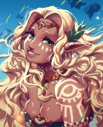 Rule 34 | 1girl, absurdres, blonde hair, green eyes, highres, jewelry, lips, long hair, necklace, nintendo, rumblyf, smile, solo, sonia (zelda), tan, the legend of zelda, the legend of zelda: tears of the kingdom