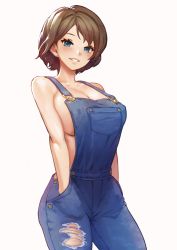 Rule 34 | 1girl, blue eyes, blush, breasts, brown hair, denim, grin, hands in pockets, jagaimo (kkamja), jung yujin (jagaimo (kkamja)), large breasts, looking at viewer, md5 mismatch, mole, mole under eye, naked overalls, original, overalls, parted lips, seductive smile, short hair, simple background, smile, solo, torn clothes, white background