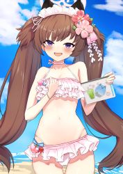 Rule 34 | 1girl, absurdres, blue archive, blush, breasts, brown hair, ccveru, cleavage, commentary, fang, flower, hair flower, hair ornament, halo, highres, long hair, looking at viewer, maid headdress, navel, pink halo, purple eyes, shizuko (blue archive), shizuko (swimsuit) (blue archive), sky, small breasts, solo, swimsuit, tray, twintails