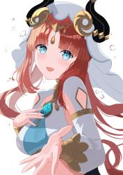 Rule 34 | 1girl, absurdres, blunt bangs, blush, breasts, forehead jewel, gem, genshin impact, hand on own chest, highres, horns, long sleeves, looking at viewer, low twintails, nilou (genshin impact), open mouth, outstretched hand, parted bangs, red hair, rererere mon, simple background, smile, solo, twintails, upper body, vambraces, veil, white background