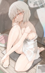 Rule 34 | 1girl, bare shoulders, barefoot, bikini, bikini under clothes, bob cut, breasts, dress, earbuds, earphones, food, fruit, genek, hand on own cheek, hand on own face, highres, knee up, looking at viewer, mixed-language commentary, original, panties, pantyshot, photo (object), plate, red eyes, see-through, see-through dress, short dress, short hair, sitting, skindentation, sleeveless, sleeveless dress, sliding doors, small breasts, solo, strap slip, swimsuit, swimsuit under clothes, talisman, thighs, underwear, watermelon, watermelon slice, white bikini, white dress, white hair, wooden floor