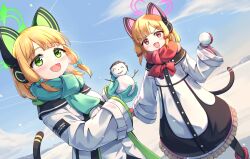 Rule 34 | 2girls, absurdres, animal ear headphones, animal ears, blonde hair, blue archive, blush, bow, fake animal ears, green eyes, green halo, hair bow, halo, headphones, highres, jacket, long sleeves, midori (blue archive), momoi (blue archive), multiple girls, pink halo, red bow, short hair, siblings, sisters, ssalyun, twins, two-sided fabric, two-sided jacket, white jacket, wide sleeves