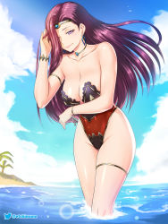 Rule 34 | 1girl, alternate costume, bare arms, bare legs, bare shoulders, beach, breasts, cleavage, cloud, earrings, etchimune, fire emblem, fire emblem fates, fire emblem heroes, gold choker, jewelry, large breasts, long hair, nintendo, one-piece swimsuit, purple eyes, purple hair, solo, sonya (fire emblem gaiden), swimsuit, thigh strap, thighs