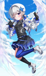 Rule 34 | 1girl, ;d, amane kanata, amane kanata (work), angel, angel wings, asymmetrical legwear, belt, beret, black dress, black gloves, black socks, blue belt, blue hair, blue pantyhose, blue sky, blush, braid, colored inner hair, dress, feathered wings, flying, french braid, gloves, hair ornament, hair over one eye, hair rings, hairclip, hat, highres, hololive, jacket, jewelry, kneehighs, long hair, long sleeves, looking at viewer, low twintails, mismatched legwear, multicolored hair, necklace, one eye closed, open mouth, pantyhose, partially fingerless gloves, pleated dress, purple eyes, saio425, shoes, silver hair, single hair intake, single kneehigh, single sock, single thighhigh, sky, sleeveless, sleeveless dress, smile, sneakers, socks, solo, star (symbol), star necklace, thighhighs, twintails, uneven legwear, virtual youtuber, waving, white footwear, white hat, white jacket, white wings, wings
