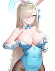 Rule 34 | 1girl, :d, absurdres, animal ears, areola slip, asuna (blue archive), asuna (bunny) (blue archive), bare shoulders, blonde hair, blue archive, blue bow, blue bowtie, blue eyes, blue leotard, blue ribbon, bow, bowtie, breasts, cleavage, clenched teeth, collarbone, commentary request, covered navel, cowboy shot, detached collar, fake animal ears, forehead, gloves, hair over shoulder, hair ribbon, halo, highleg, highleg leotard, highres, large breasts, leotard, long hair, mole, mole on breast, official alternate costume, open mouth, pantyhose, playboy bunny, ribbon, simple background, smile, solo, sseli, strapless, strapless leotard, sweat, swept bangs, teeth, very long hair, white background, white gloves