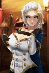 Rule 34 | 1girl, blue eyes, braid, breasts, buttons, cape, cleavage, corset, esther shen, fantasy, gold trim, human (warcraft), jaina proudmoore, mage (warcraft), multicolored hair, two-tone hair, warcraft, world of warcraft