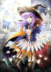 Rule 34 | 1girl, :d, absurdres, ahoge, breasts, cape, cleavage, garter straps, hat, heterochromia, highres, long hair, looking at viewer, open mouth, original, purple hair, reaching, riyun (halodark), smile, solo, witch, witch hat