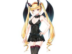 Rule 34 | 1girl, akuma no musume no utau melody, armpits, bare shoulders, black dress, blonde hair, breasts, chiibou (shoukasen), cleavage, closed mouth, demon horns, demon wings, detached collar, dress, earrings, female focus, game cg, hand on own hip, highres, hoop earrings, horns, jewelry, legs, long hair, looking at viewer, medium breasts, navel, original, panties, red eyes, see-through, sleeveless, solo, standing, thighhighs, thighs, transparent background, twintails, underwear, wings, zettai ryouiki