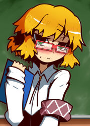 Rule 34 | 1girl, 221 (tsutsuichi), alternate costume, armband, bespectacled, blonde hair, blush, closed mouth, commentary request, contemporary, glasses, green eyes, hair ornament, hairpin, long sleeves, looking at viewer, mizuhashi parsee, rectangular eyewear, red-framed eyewear, shirt, short hair, solo, touhou, upper body, white shirt