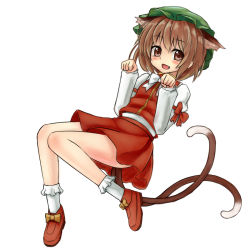 Rule 34 | 1girl, animal ears, armband, arms up, bobby socks, bow, brown eyes, brown hair, cat ears, cat girl, cat tail, chen, fang, female focus, full body, hat, high collar, jd (112731258), jd (bibirijd), leaning, long sleeves, looking at viewer, multiple tails, open mouth, paw pose, shoes, short hair, simple background, skirt, smile, socks, solo, tail, touhou, vest, white background