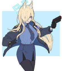 Rule 34 | 1girl, animal ear fluff, animal ears, armband, black gloves, blonde hair, blue archive, blue armband, blue halo, blue necktie, blue shirt, breasts, dog ears, extra ears, gloves, gun, hair over one eye, halo, handgun, highres, holding, holding gun, holding weapon, izumo (ton 63), jacket, kanna (blue archive), large breasts, long hair, long sleeves, looking at viewer, necktie, notched ear, police, police uniform, policewoman, sharp teeth, shirt, simple background, solo, teeth, tie clip, uniform, weapon