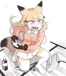 Rule 34 | 10s, 1girl, absurdres, animal ears, bow, bowtie, coat, controller, ezo red fox (kemono friends), fangs, flying sweatdrops, fox ears, fox tail, fur trim, game console, game controller, gloves, gradient legwear, hare (tetterutei), highres, kemono friends, long hair, long sleeves, multicolored clothes, multicolored hair, multicolored legwear, necktie, no shoes, on one knee, open mouth, orange eyes, orange hair, orange pantyhose, pantyhose, pleated skirt, skirt, soda bottle, solo, sweatdrop, tail, unplugged, white hair, white pantyhose