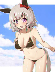 Rule 34 | 1girl, animal ears, bent over, bikini, blush, breasts, cleavage, collarbone, commentary request, curren chan (umamusume), hair ribbon, highres, horse ears, horse girl, horse tail, large breasts, looking at viewer, open mouth, purple eyes, ribbon, silver hair, sky, solo, swimsuit, tail, umamusume, white background, yuki to hana