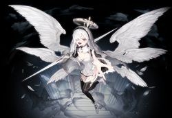 Rule 34 | 1girl, absurdres, black background, black thighhighs, boots, breasts, cleavage, dress, full body, happy, highres, long hair, nail polish, original, outstretched hand, ozyako, red eyes, red nails, solo, thighhighs, weapon, white dress, white hair, wings