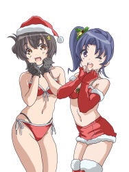 Rule 34 | 2girls, ;d, asymmetrical docking, bare shoulders, bell, bikini, black gloves, blue hair, bow, bowtie, breast press, breasts, brown eyes, brown hair, choker, christmas, cleavage, closed mouth, collarbone, commentary request, detached collar, elbow gloves, fingerless gloves, front-tie bikini top, front-tie top, fur-trimmed gloves, fur-trimmed skirt, fur trim, gloves, hair ornament, hal-py, hat, high school fleet, highleg, highres, holding, holding sack, irako mikan, kneeling, looking at viewer, medium breasts, miniskirt, multiple girls, navel, official alternate costume, one eye closed, open mouth, purple eyes, red bikini, red bow, red bowtie, red gloves, red headwear, red skirt, ribbon, sack, santa bikini, santa costume, santa hat, short hair, side-tie bikini bottom, side ponytail, simple background, skirt, small breasts, smile, star (symbol), star hair ornament, swimsuit, thighhighs, wazumi hime, white background