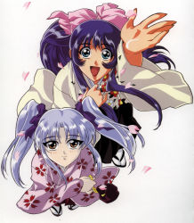 Rule 34 | 1990s (style), 2girls, absurdres, blue hair, bow, cherry blossoms, from above, gotou keiji, hair bow, highres, hoshino ruri, japanese clothes, kidou senkan nadesico, kimono, long hair, misumaru yurika, multiple girls, outstretched arm, outstretched hand, purple hair, reaching, retro artstyle, ribbon, sandals, smile, tabi, twintails, yellow eyes